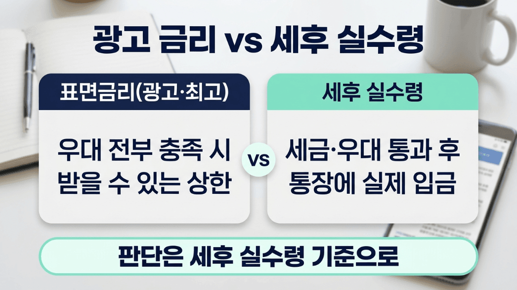 예금 세후 이자 광고 최고금리와 세후 실수령 비교 핵심 이미지