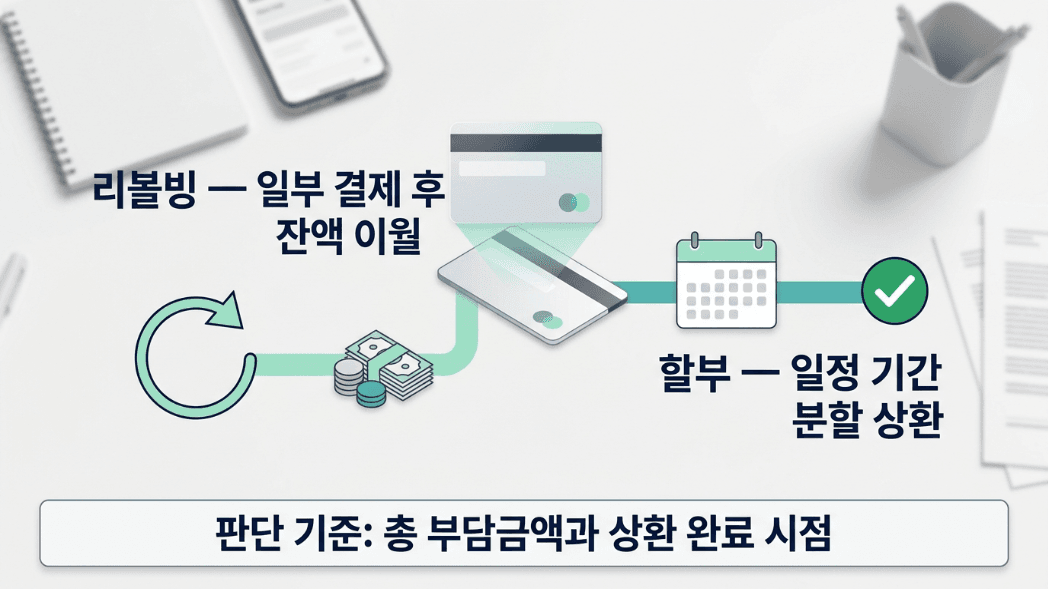 리볼빙 vs 할부 카드 결제 방식 핵심 비교 이미지