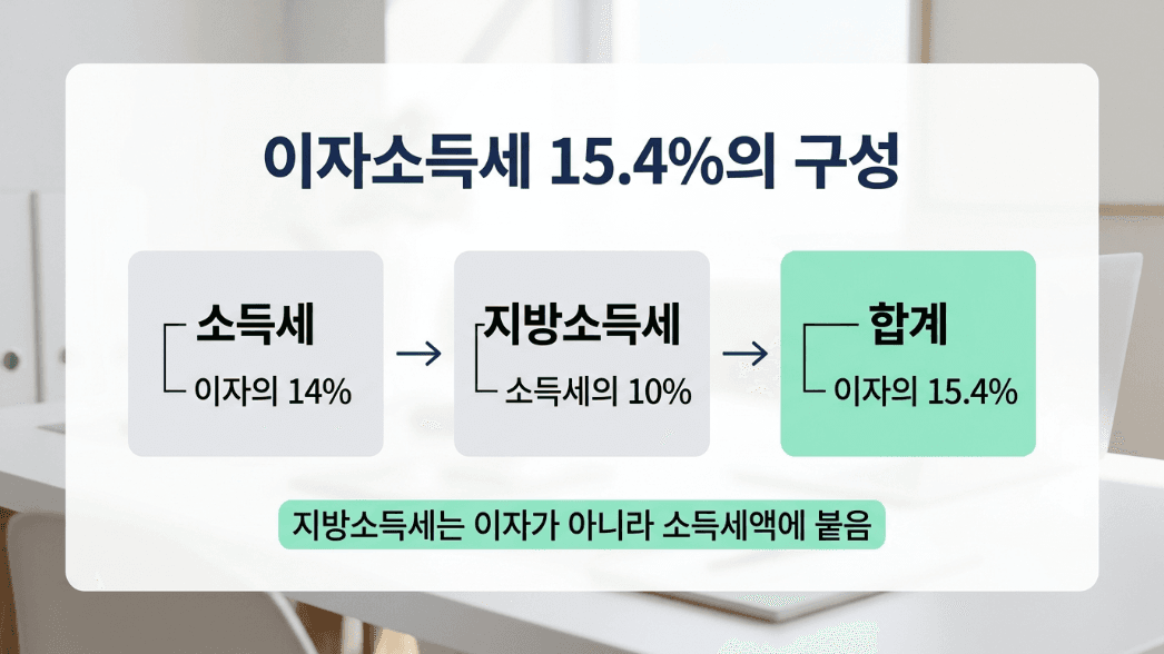 이자소득세 15.4% 소득세 14% 지방소득세 1.4% 구성 핵심 이미지